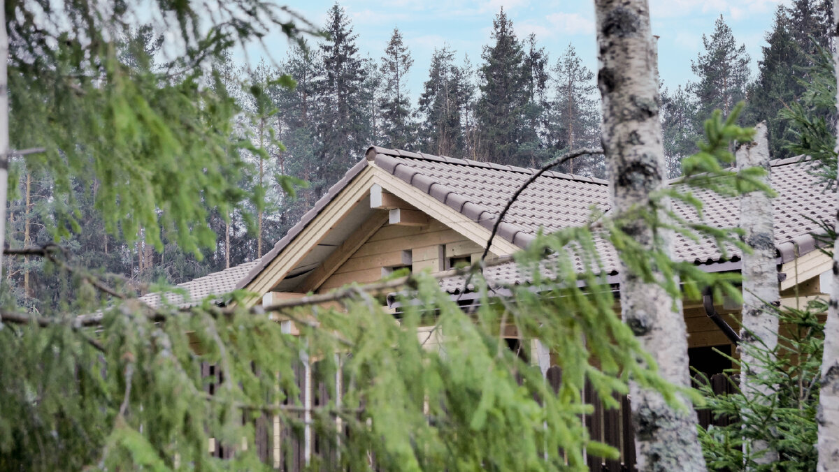 Двускатная крыша с коньками и ребрами. Цементно-песчаная черепица (цвет коричневый)