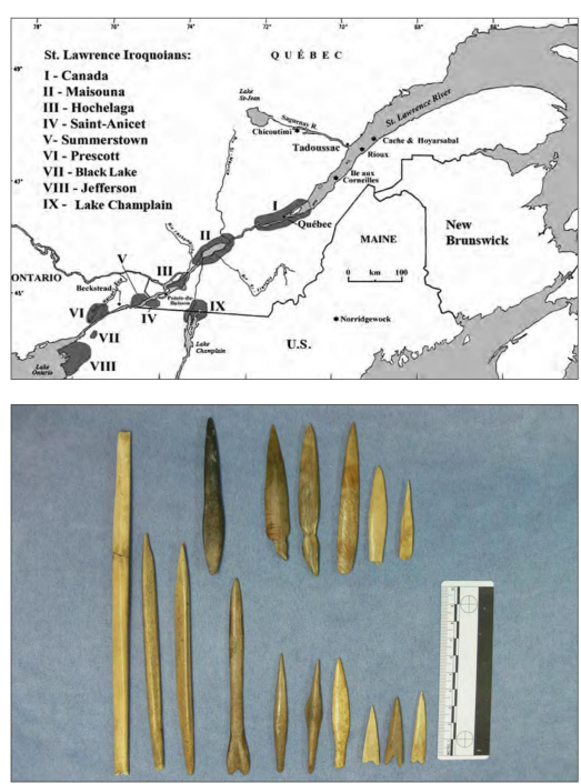 Вверху - обнаруженные археологами места проживания лаврентийских ирокезов. Внизу- наконечники из рога и кости, обнаруженные на местах стоянок лаврентийских ирокезов