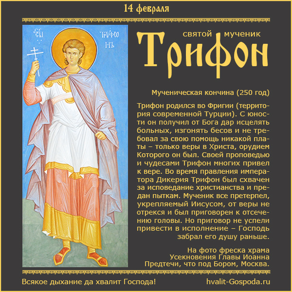 14 февраля – память святого мученика Трифона (250 год).
