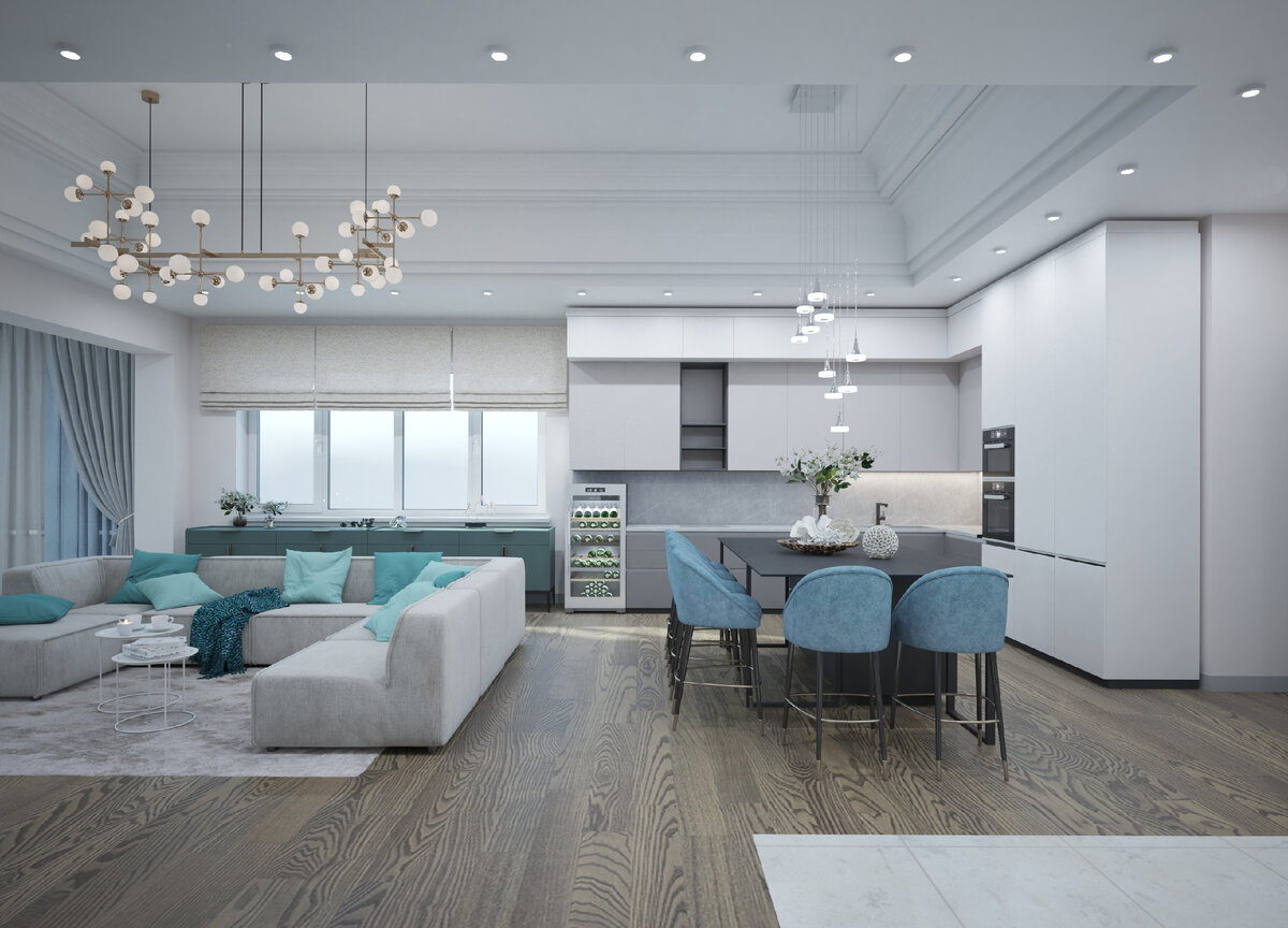 Кухня в большом доме часто имеет "остров". Если на острове нет варочной панели, то можно разместить барную стойку с эффектной люстрой (3-d фото авторов).