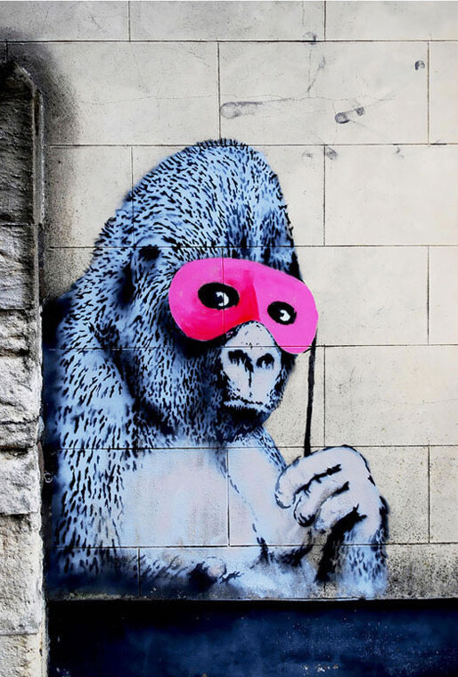 Banksy. Gorilla in a pink mask.