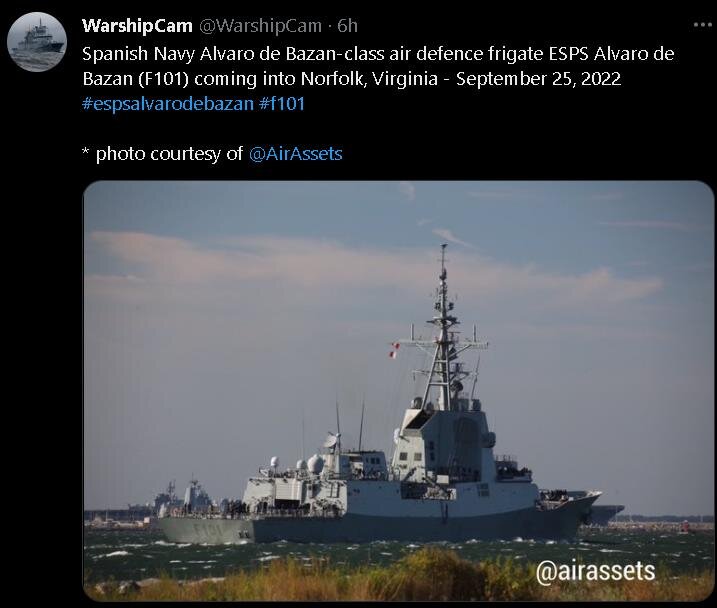 "Альваро де Базан" пришел в Норфолк (twitter @warshipcam)