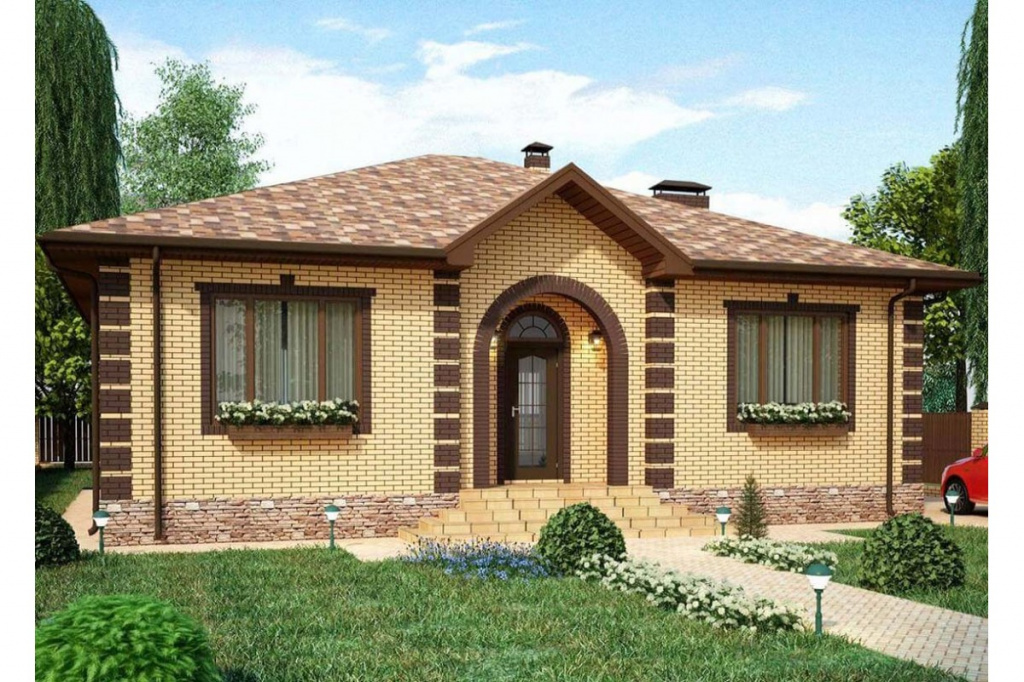 Вариант облицовки фасада здания светлым гладким кирпичом. Для заполнения швов используется темная затирка. В качестве акцентов добавлены углы и темного лицевого кирпича. В данном случае кирпич терракотового цвета выбран в цвет рамы окон и двери. 
