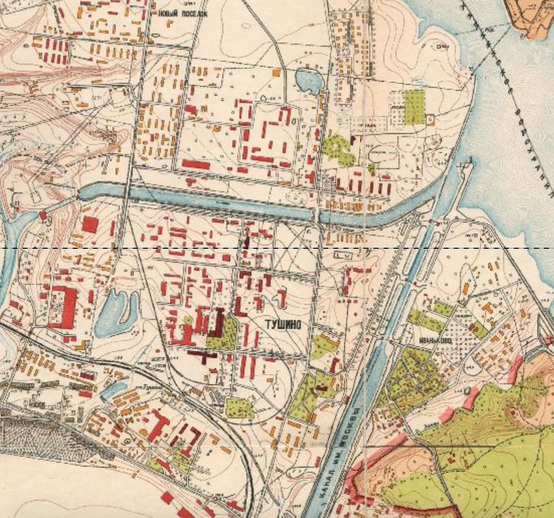 Подмосковный город Тушино на карте столицы и её окрестностей 1952 года. Району Южное Тушино отошла только небольшая часть выше Сходненского канала. Фрагмент с сайта www.retromap.ru.