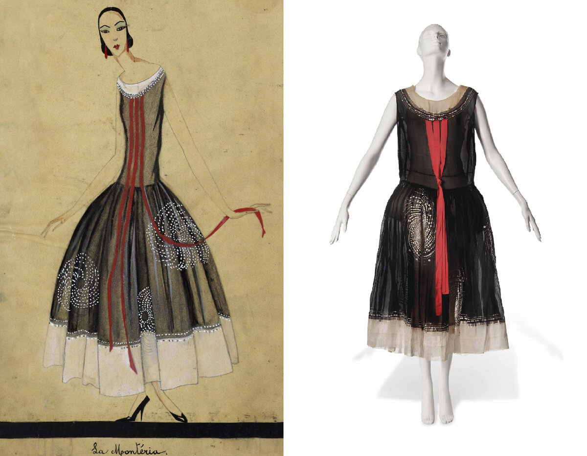 1. Дизайн платья «La Monteria» Жанны Ланвен 1923-1924 © Pinterest 2. LA MONTERIA, A JEANNE LANVIN ROBE DE STYLE OF BLACK ORGANZA. 1923-1924 © Christie’s