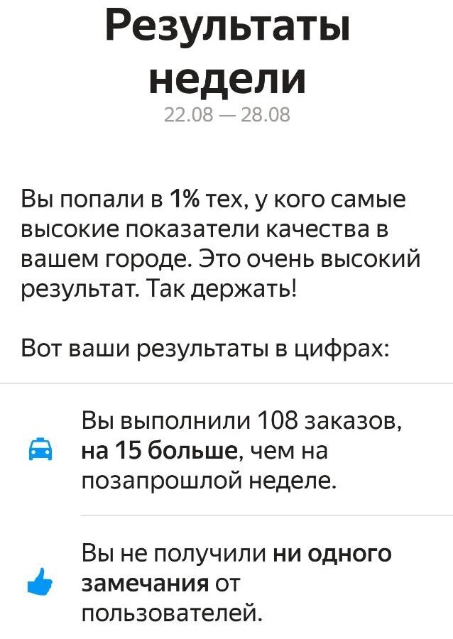 Вот такая сводка приходит каждую неделю. И мне всего один раз удалось попасть в 1 процент водителей