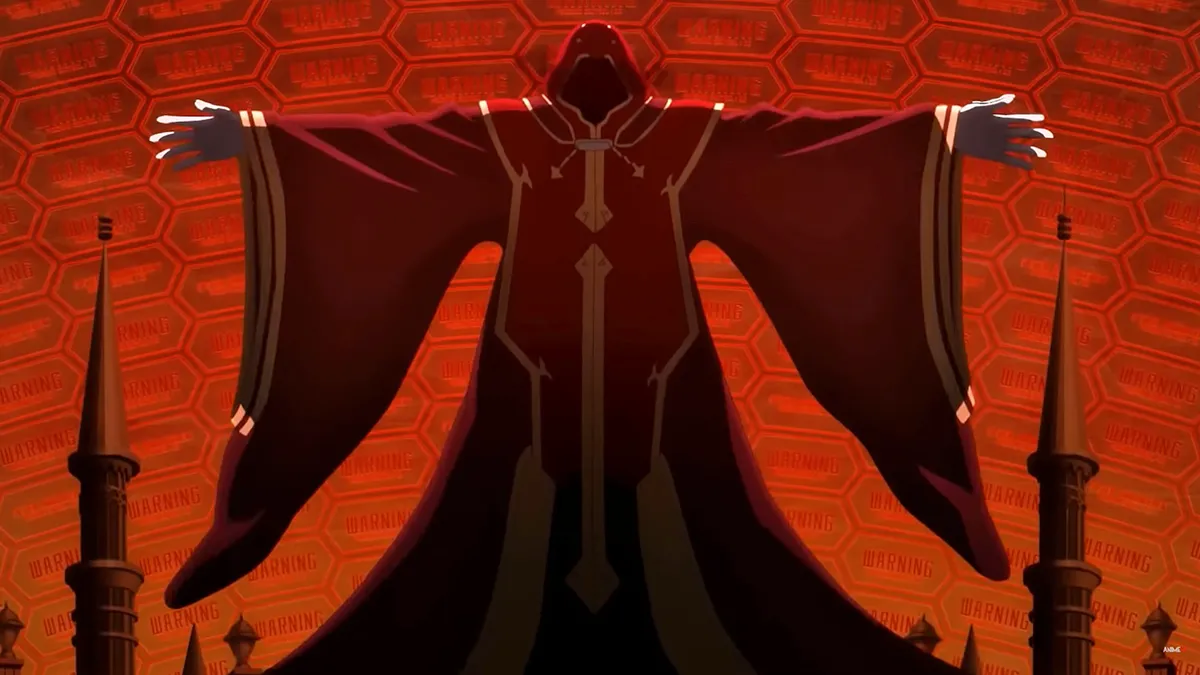 кадр из аниме Мастера Меча Онлайн - Каябо Акихо появляется в образе мастера игры