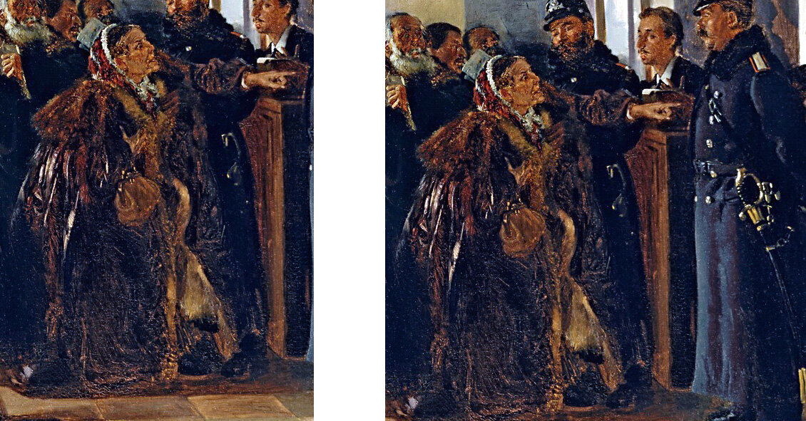 Фрагменты картины Маковского "Крах банка". Дама в шубе и в ярости. Полисмен взирает за порядком