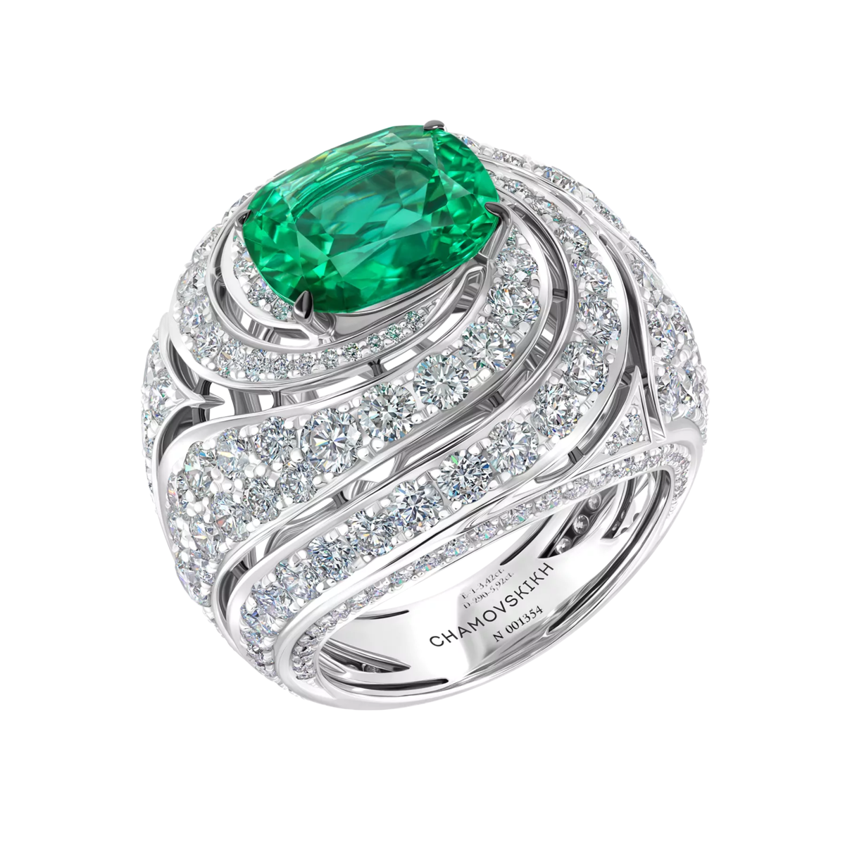 Кольцо из коллекции CHAMOVSKIKH Royal Jewellery, центральный камень: изумруд, огранка «кушон» 3,42 ct, инкрустация: 290 бриллиантов 5,92 ct. Месторождение: Malyshevskoe deposit (Ural, Russia). CHAMOVSKIKH