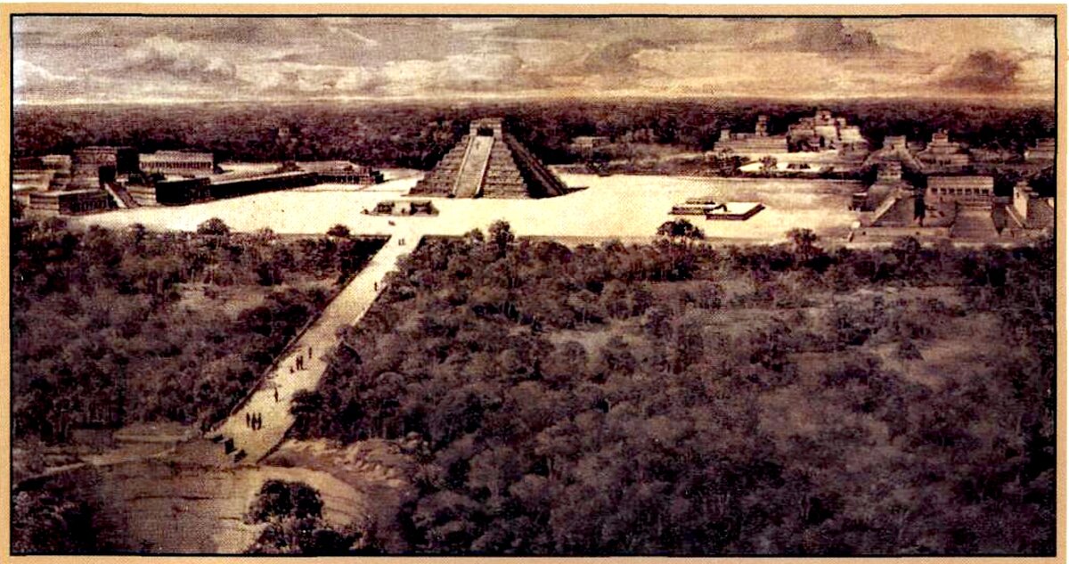 На рисунке, взятым из энциклопедии про цивилизацию майя, представлена реконструкция Чичен-Ицы 1100 года. 