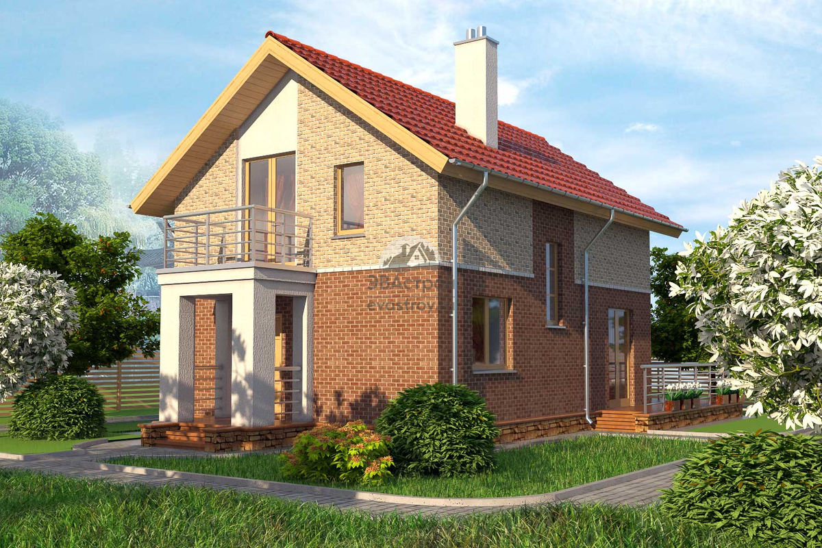 Проект дома 113.7 м2 из газобетона в европейском стиле с мансардой, балконом и террасой - KVR-33
