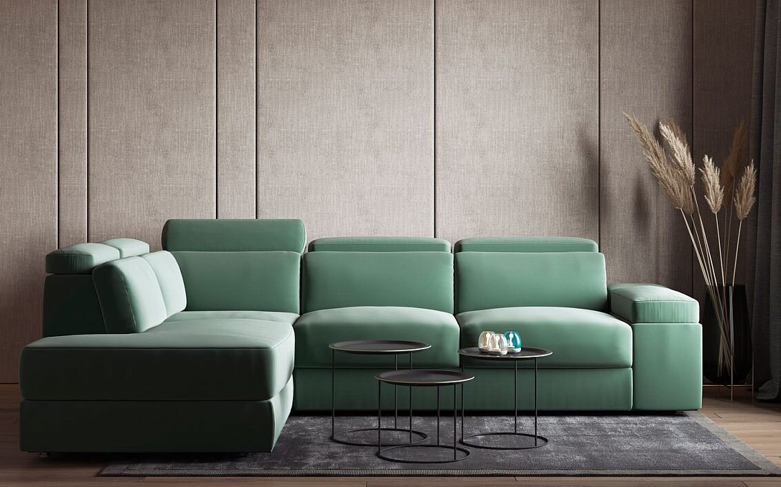 Трёхмодульный диван MILLE с оттоманкой в зеленом оттенке