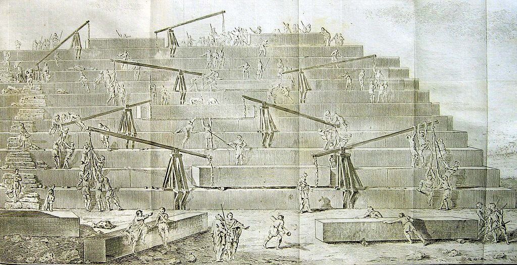 Реконструкция процесса строительства пирамид по Геродоту (гравюра XVIII в.).