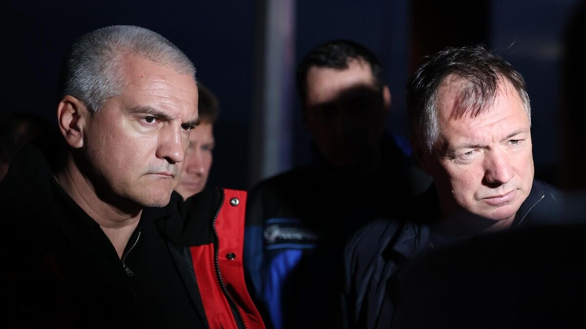    Глава Республики Крым Сергей Аксенов и заместитель председателя правительства РФ Марат Хуснуллин во время пресс-подхода на Крымском мосту© РИА Новости / Виталий Тимкив