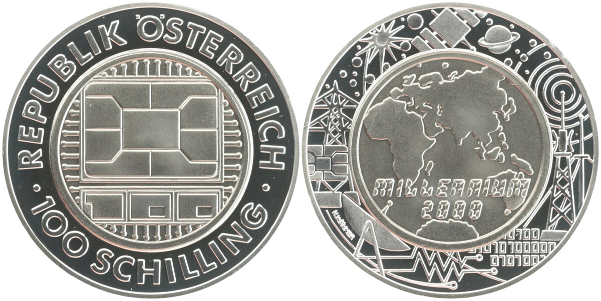 Австрия - 100 шиллингов "Миллениум" 2000 года выпуска. Данная монета интересна тем, что внутренний диск, окружённый серебряным кольцом, выбит из титана (её общая масса составляет 13,6 граммов, а диаметр равен 34 миллиметрам). Именно титан делает монету сравнительно лёгкой при её довольно крупном размере...