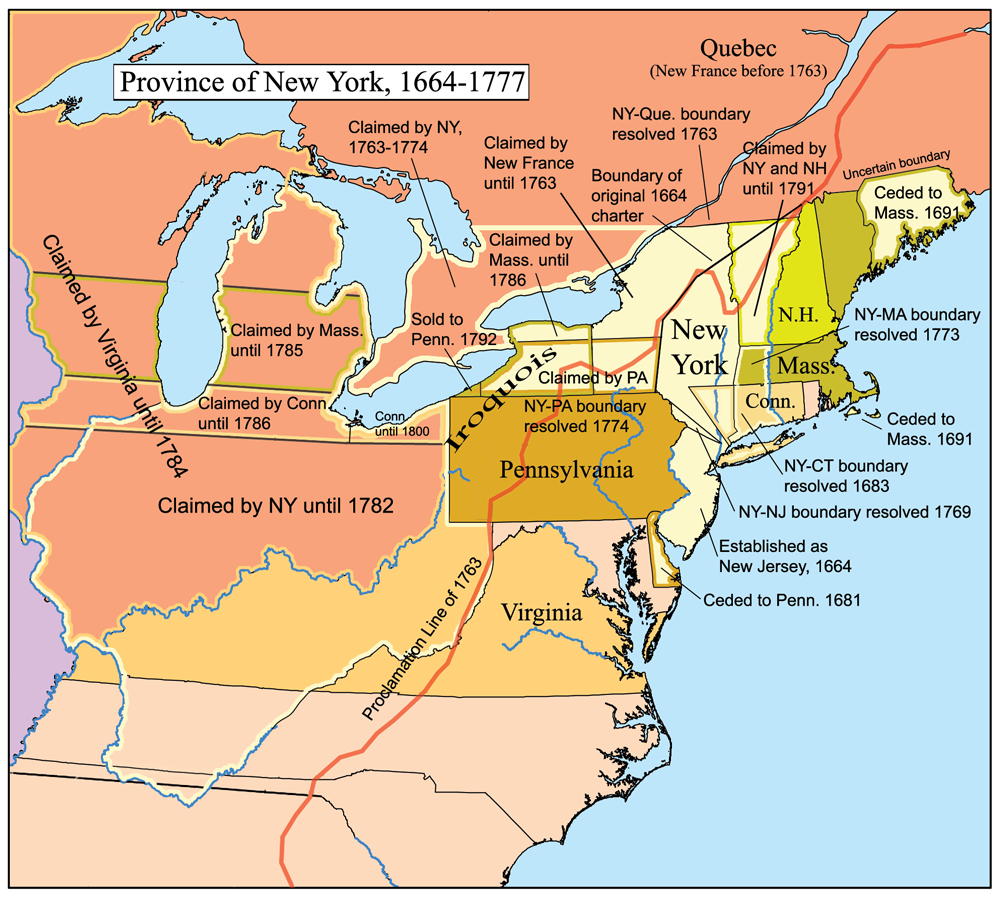 Колония Нью-Йорк. Из-за нечетко определенных королевским указом границ, колония имела многочисленные территориальные споры с соедними колониями. 