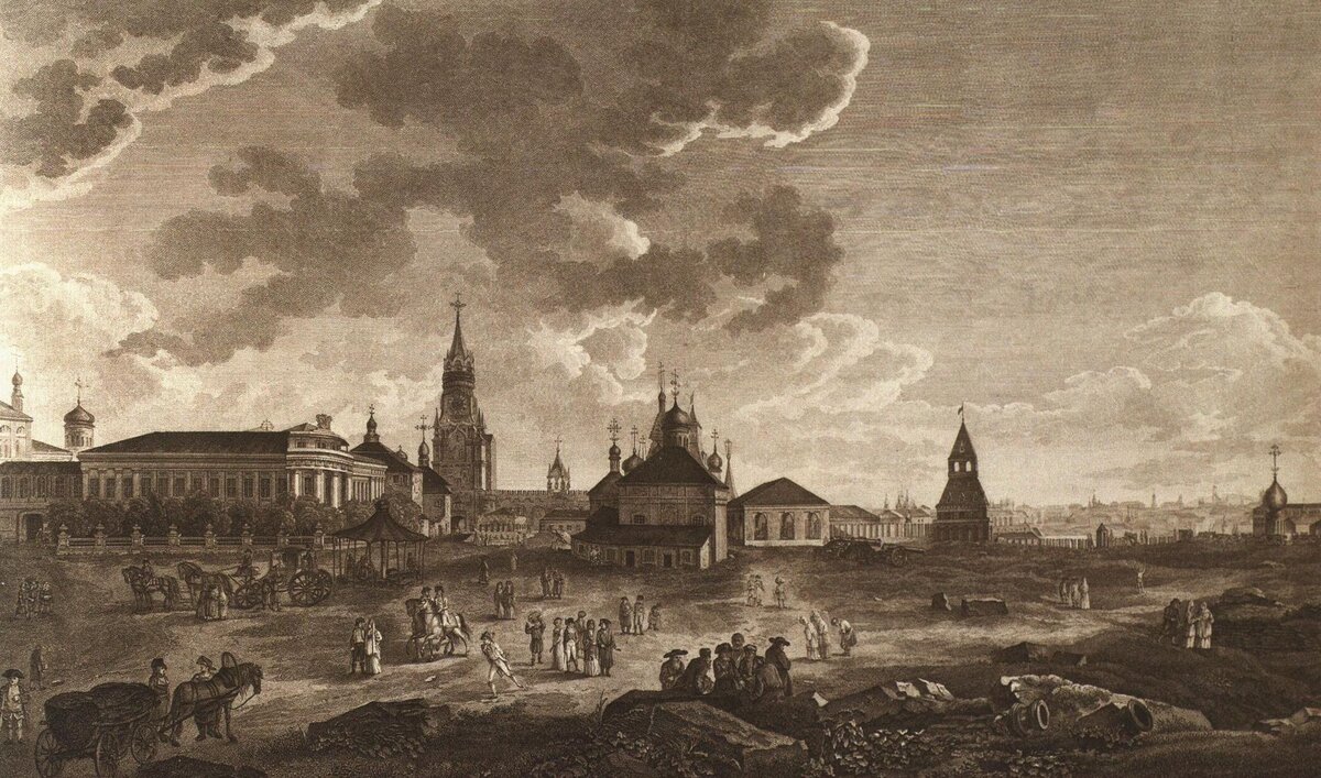 П.-Я. Ламини. Вид Спасских ворот и части Кремля. Гравюра по рисунку Ж. Делабарта, 1790-е гг.