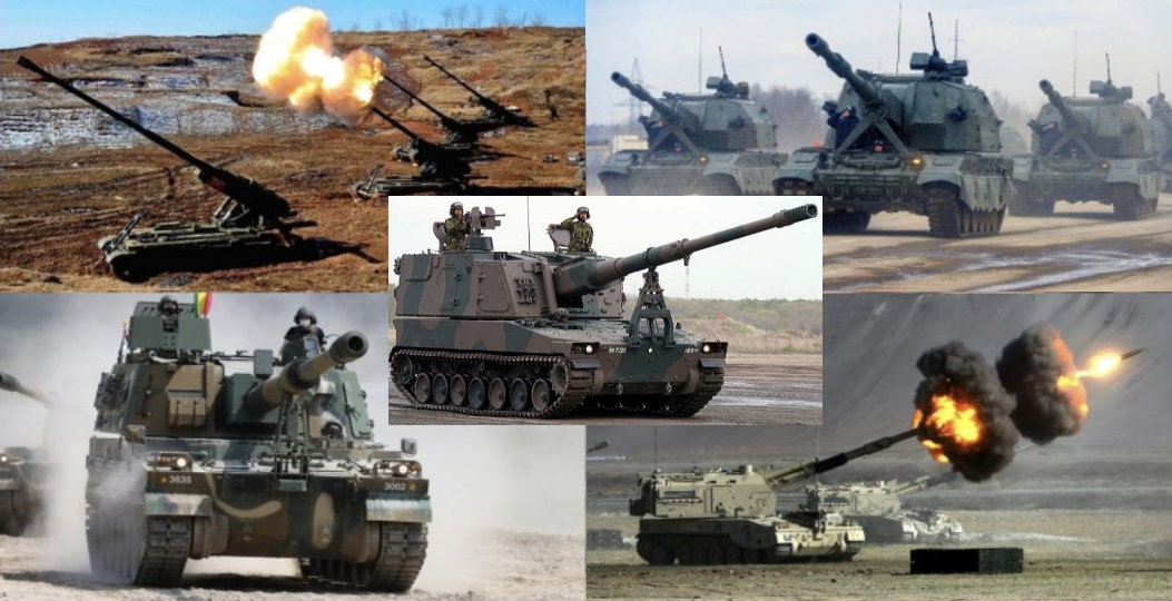 Пушки Коксан, 2С35 "Коалиция-СВ", PLZ-05A/PLZ-52 и K9A1 Thunder (по часовой стрелке сверху слева). В центре - Type 99