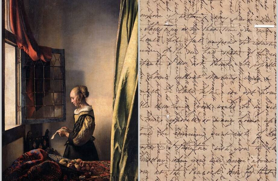     «Девушка, читающая письмо у открытого окна» Яна Вермеера (XVII в.) и пример письма крест-накрест. Фото: wikipedia.org