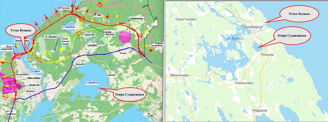 На схеме слева: красная, синяя, желтая линии – предполагаемые маршруты обхода. Справа — скриншот Яндекс-карты.