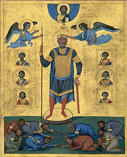 Император Византии Василий II, коронуемый ангелами.
Миниатюра Псалтыри Василия II 