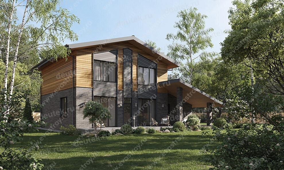 Проект квадратного двухэтажного дома 220 м2 с одноместным гаражом и террасой - LK-27