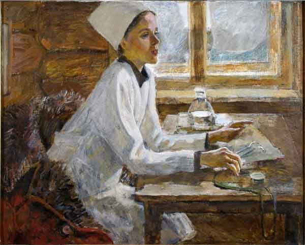 Картина: А. Романычев «Сельский врач» (1987) 