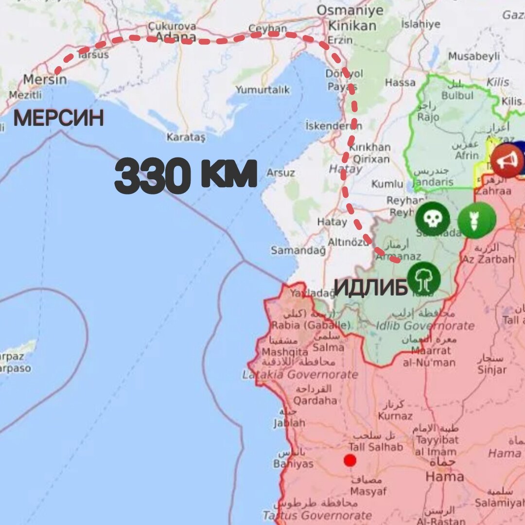 Расстояние от Мерсина до Идлиба при поездке на автомобиле.