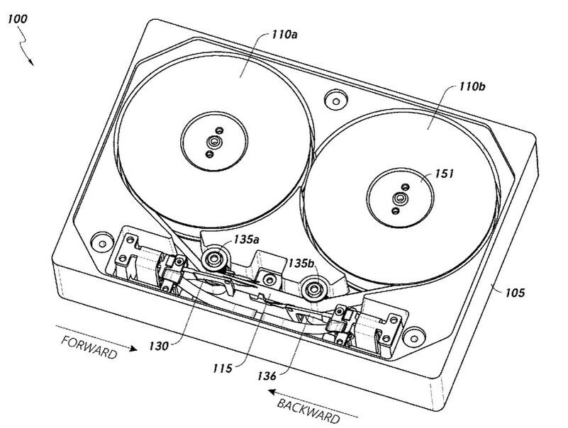    Иллюстрация из патента WDC, на которой виден подвес магнитных головок по типу HDD (130). Источник изображения: WD