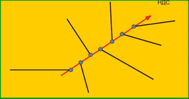 Расположение пробуренных стволов скважин по направлению движения станка (НДС). 