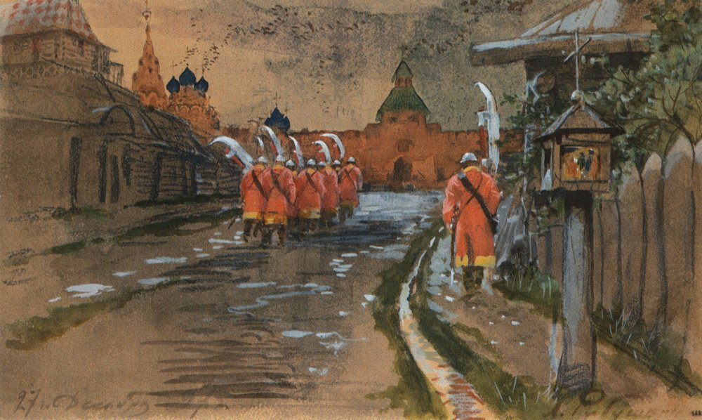 А.П. Рябушкин. «Стрелецкий дозор у Ильинских ворот в старой Москве», 1897 год. Из собрания Государственного Русского музея