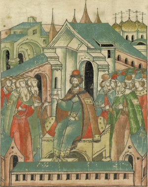 Владимир Мономах на Киевском престоле, Лицевой летописный свод, XVI век 