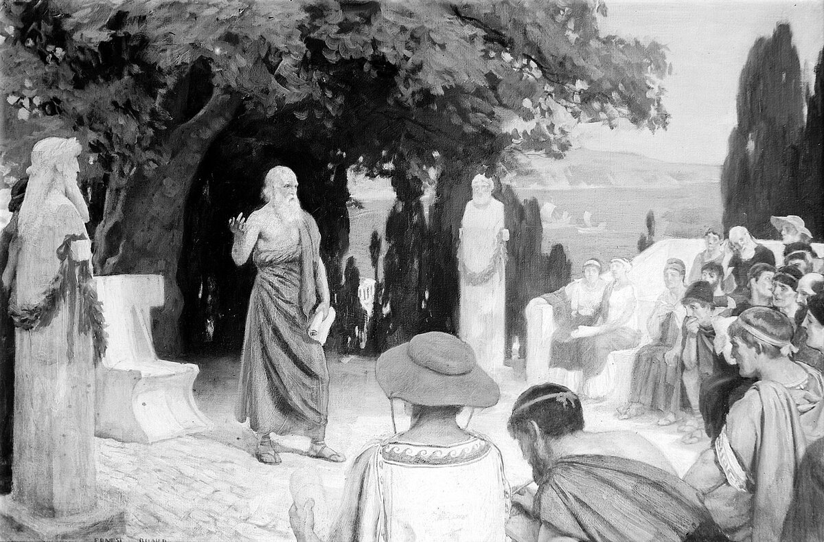 2. Гиппократ читает лекцию своим ученикам под платаном на острове Кос