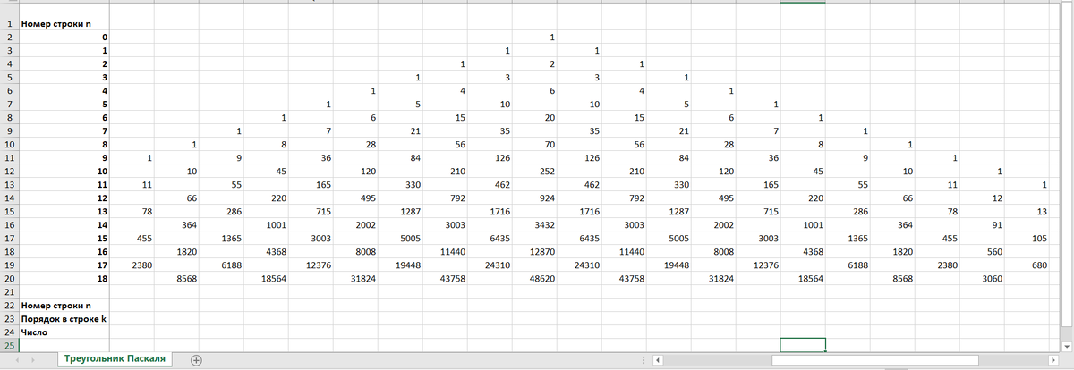 Треугольник Паскаля в Экселе