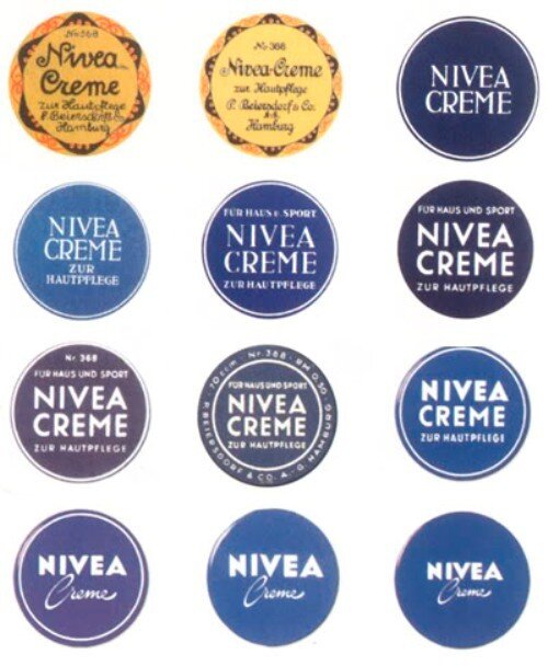 Эволюция логотипов Nivea. Первый слева 1911 года.