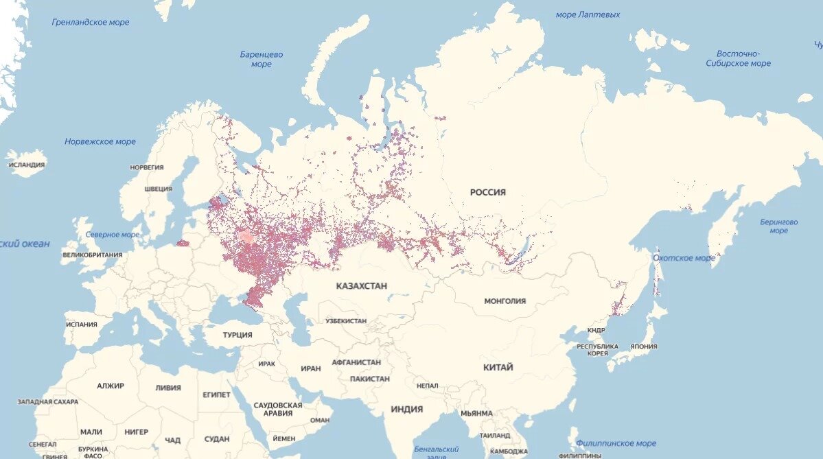 Зона покрытия 4G в России согласно статистике вышек Tele2