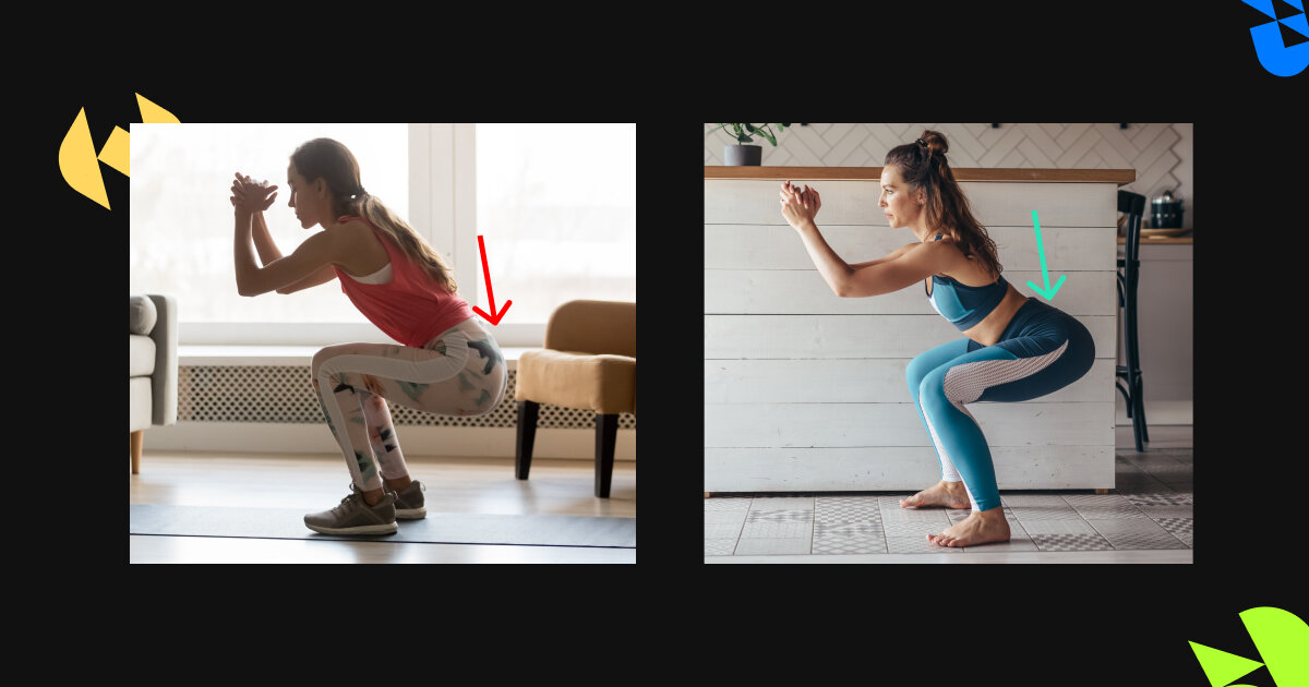 1) Приседания показаны неверно - спина искривлена 2) Правильная техника с прогибом в пояснице