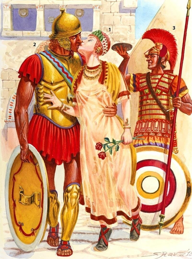 1 — этрусская дама, 2, 3 — этрусские воины. Современная иллюстрация