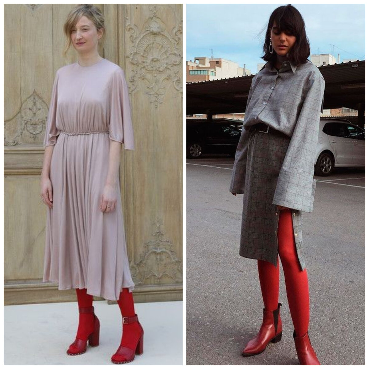 Самое простое сочетание, которое я люблю больше всего, - колорблоки. Например, у вас оранжевые колготки. Вы надеваете сверху юбку и свитер любого цвета или совпадающего по температуре с тем оранжевым, который у вас есть. Либо берёте базовые цвета: чёрный, белый, серый. 