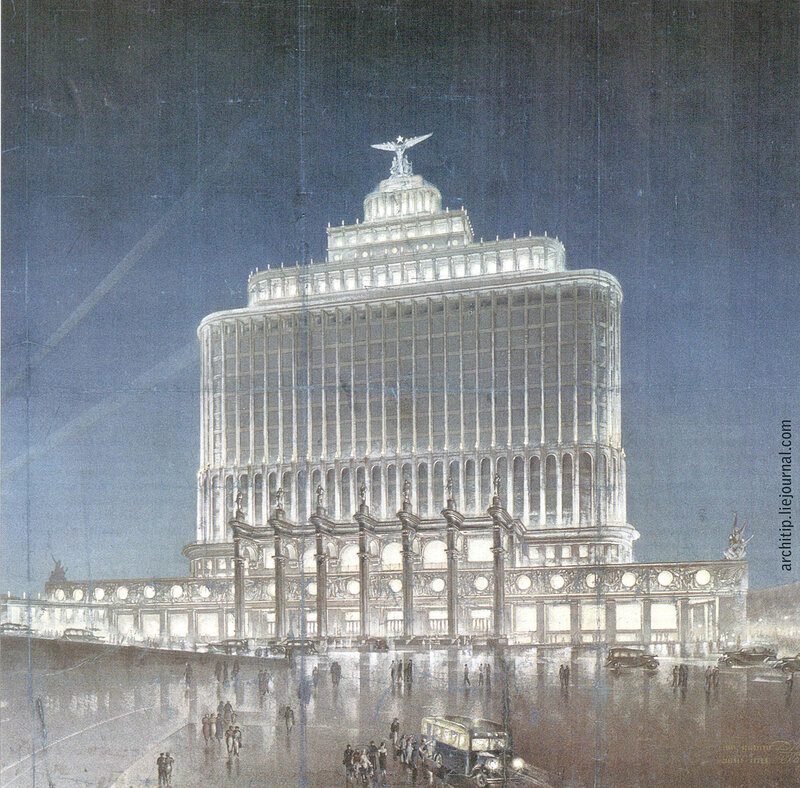 Эскиз Дома Аэрофлота в цвете, 1935. Картинка отсюда: https://architip.livejournal.com