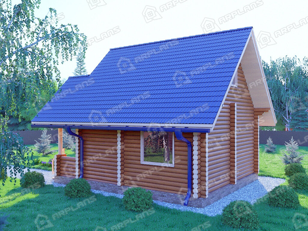 Фото 2 деревянного двухэтажного дома из бревна с мансардой и  2 спальнями. Полезная площадь 60 кв м. Источник arplans.ru Проект ДО-038