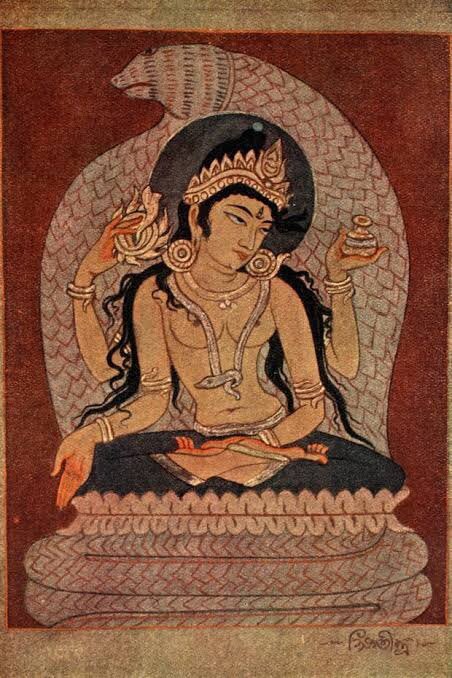Манаса. Художник - Кхитиндра Натх Мазумдар (англ. Khitindra Nath Mazumdar). Иллюстрация из издания Ananada K. Coomaraswamy and Sister Nivedita, Myths of Hindus and Buddhists, 1913. Эл. ресурс URL: https://hinduaesthetic.medium.com/goddess-m%C4%81nasa-cb84c3ea1222