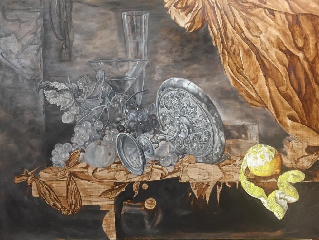 Промежуточный этап работы над копией натюрморта Яна Давидса де Хема