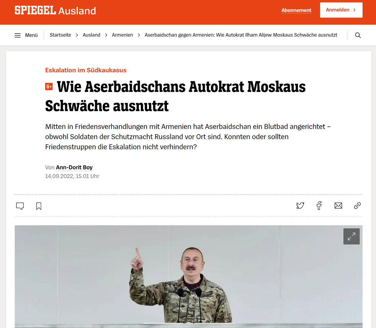 "Как азербайджанский автократ пользуется слабостью Москвы" - гласит заголовок немецкой газеты.