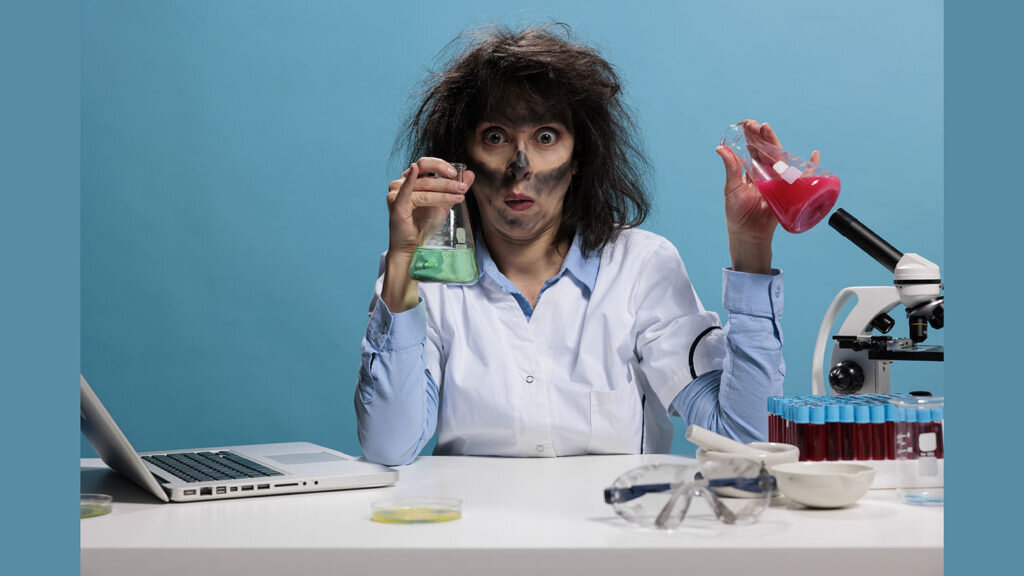    Mad silly looking crazy lab worker sitting at desk while having glass jars filled with experimental liquid compounds. Foolish scientist with funny face expression handling beakers filled with serum. Александр Шереметьев