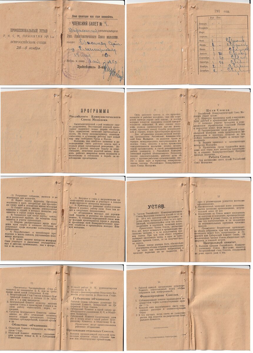 Членский билет Российского Коммунистического Союза Молодежи. Выдан в Томской губернии в 1920 году. Из коллекции автора.