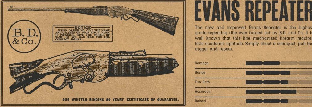 Вот так выглядит описание карабина Эванса в игровом каталоге. Изначально карабин наряду с Пистолетом М1899 и Револьвером Ле Ма был доступен только в PC-версии, но после выхода обновления «Промыслы на фронтире», они появились и на консольных версиях игры.