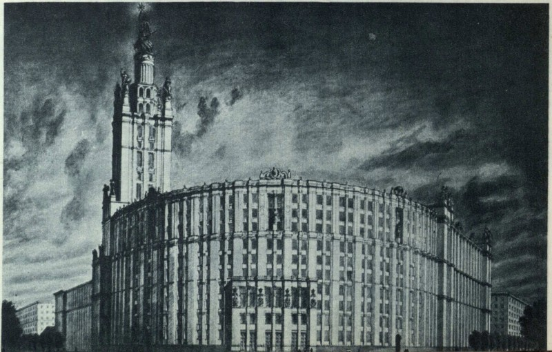 Один из первых проектов, опубликованный в 1951 году. Авторы проекта: архитекторы К. С. Алабян, В. А. Петров и инженер Г. В. Чернышёв. Источник https://vsehsvyatskoye.livejournal.com