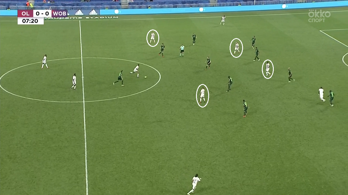 Позиции игроков «Лиона» перед голом Токо Экамби. Источник картинки: Okko Sport.