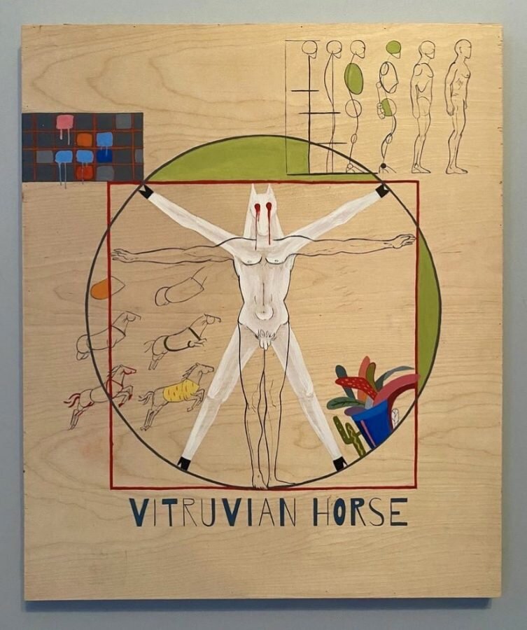 JSELIVER / Юлия Селиверстова «Vitruvian horse», 2020. Из серии «животные тоже люди». Планшет / акрил, 60×50 см © J.seliver